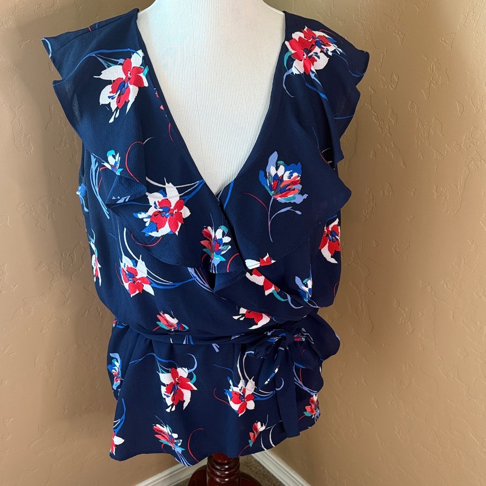 Halogen Floral Ruffle V-Neck Blouse - Navy and Red